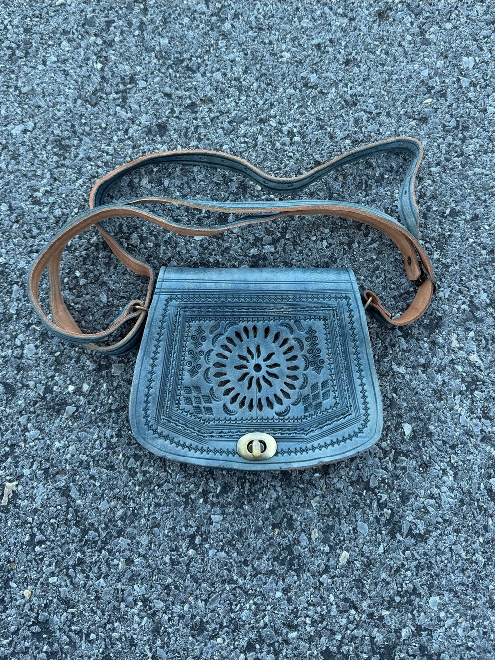 Vintage Moroccan Leather Hand Tooled Crossbody Bag Boho Blue Purse Adjustable